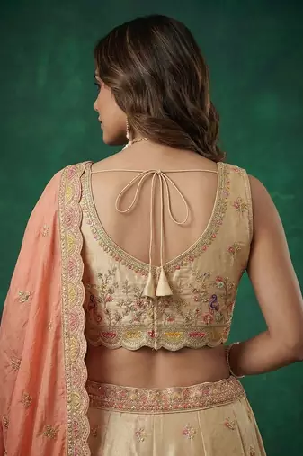 Women's Beige Tissue Zarkan Embroidered Lehenga Choli with Dupatta