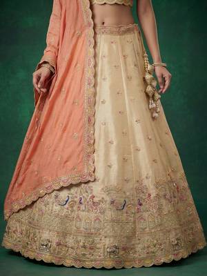 Women's Beige Tissue Zarkan Embroidered Lehenga Choli with Dupatta 4