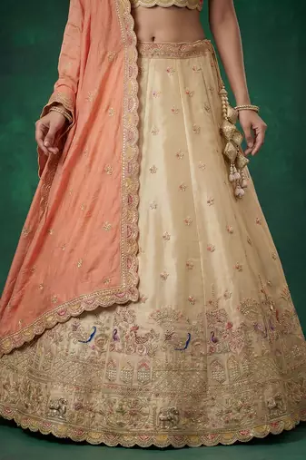 Women's Beige Tissue Zarkan Embroidered Lehenga Choli with Dupatta