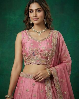 Women's Pink Tissue Zarkan Embroidered Lehenga Choli with Dupatta 2