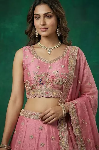 Women's Pink Tissue Zarkan Embroidered Lehenga Choli with Dupatta