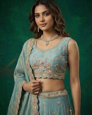 Women's Turquoise Tissue Zarkan Embroidered Lehenga Choli with Dupatta 2