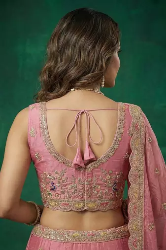 Women's Pink Tissue Zarkan Embroidered Lehenga Choli with Dupatta
