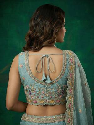 Women's Turquoise Tissue Zarkan Embroidered Lehenga Choli with Dupatta 3