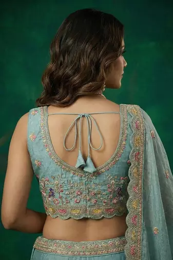 Women's Turquoise Tissue Zarkan Embroidered Lehenga Choli with Dupatta