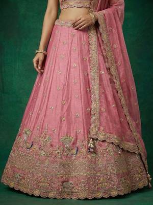 Women's Pink Tissue Zarkan Embroidered Lehenga Choli with Dupatta 4