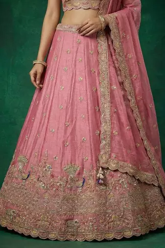 Women's Pink Tissue Zarkan Embroidered Lehenga Choli with Dupatta