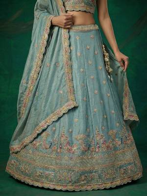 Women's Turquoise Tissue Zarkan Embroidered Lehenga Choli with Dupatta 4