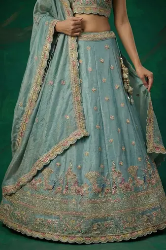 Women's Turquoise Tissue Zarkan Embroidered Lehenga Choli with Dupatta