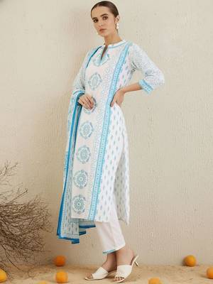 Ethnic Motifs Printed Notch Neck Pure Cotton Kurta With Trouser & Dupatta 1