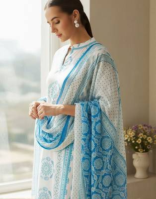 Ethnic Motifs Printed Notch Neck Pure Cotton Kurta With Trouser & Dupatta 2