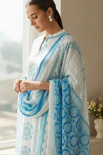 Ethnic Motifs Printed Notch Neck Pure Cotton Kurta With Trouser & Dupatta