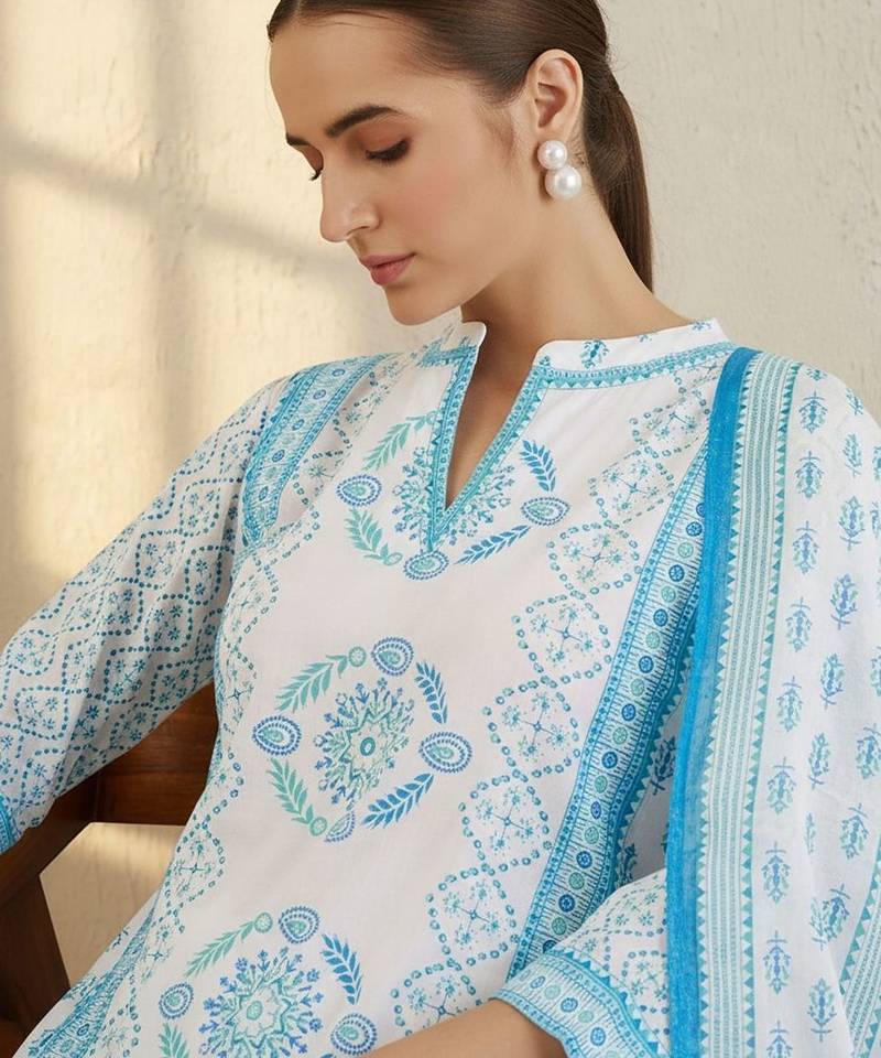 Ethnic Motifs Printed Notch Neck Pure Cotton Kurta With Trouser & Dupatta
