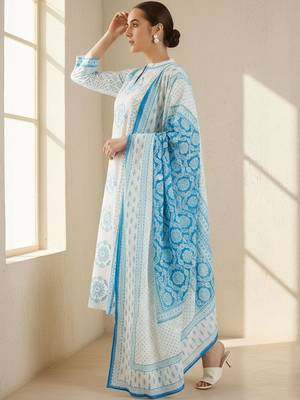Ethnic Motifs Printed Notch Neck Pure Cotton Kurta With Trouser & Dupatta 4