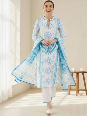 Ethnic Motifs Printed Notch Neck Pure Cotton Kurta With Trouser & Dupatta 5