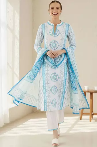 Ethnic Motifs Printed Notch Neck Pure Cotton Kurta With Trouser & Dupatta