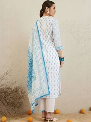 Ethnic Motifs Printed Notch Neck Pure Cotton Kurta With Trouser & Dupatta 6