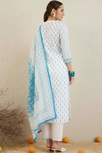 Ethnic Motifs Printed Notch Neck Pure Cotton Kurta With Trouser & Dupatta