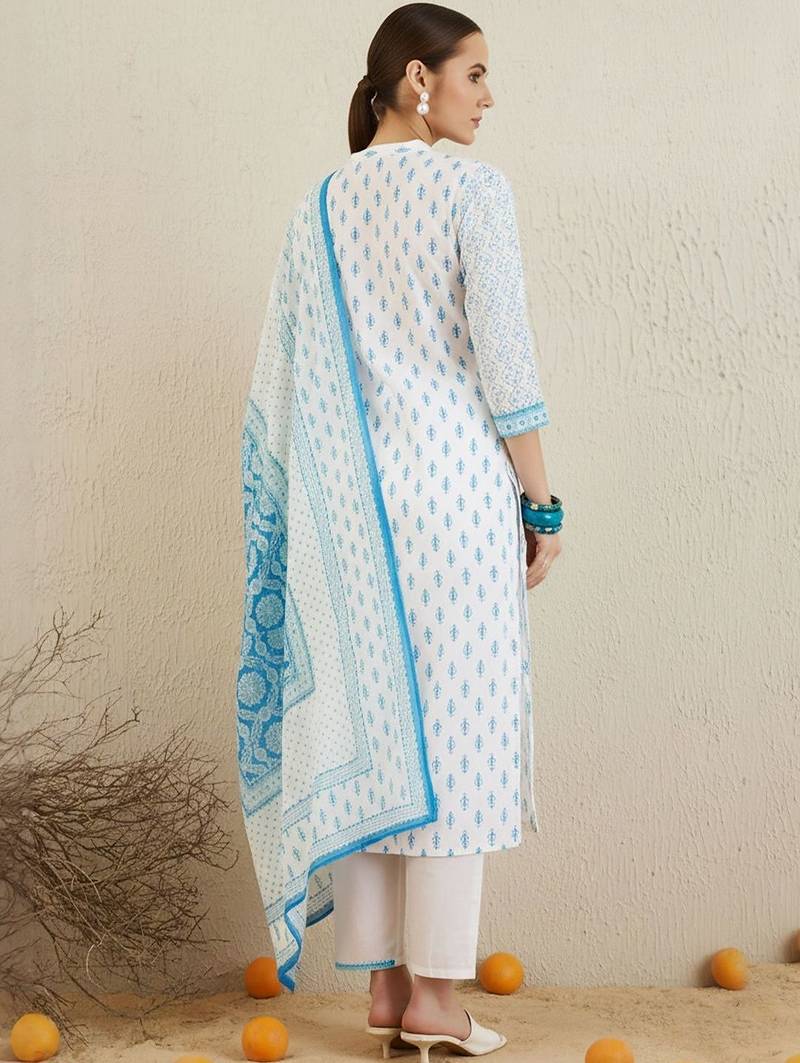 Ethnic Motifs Printed Notch Neck Pure Cotton Kurta With Trouser & Dupatta