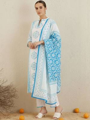 Ethnic Motifs Printed Notch Neck Pure Cotton Kurta With Trouser & Dupatta 7