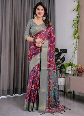 Purple Color digital floral prints And Zari Woven Work linen Saree 1