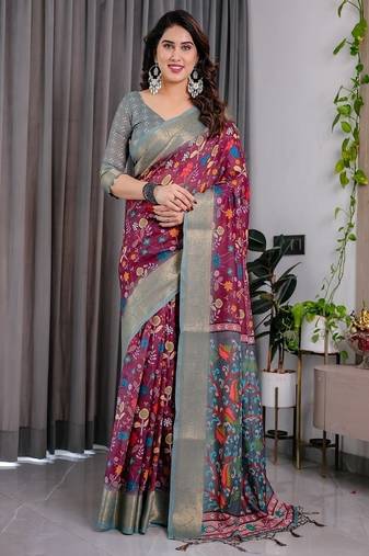 Purple digital floral prints And Zari Woven Work linen Saree