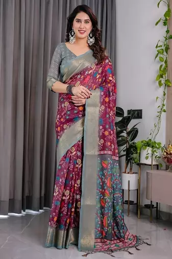 Purple Color digital floral prints And Zari Woven Work linen Saree