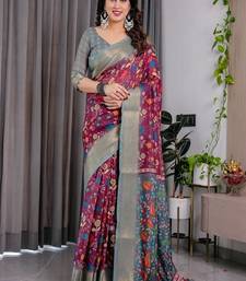 Purple Color digital floral prints And Zari Woven Work linen Saree