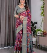 Purple Color digital floral prints And Zari Woven Work linen Saree