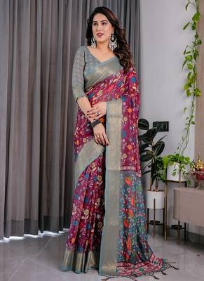 Purple Color digital floral prints And Zari Woven Work linen Saree 2
