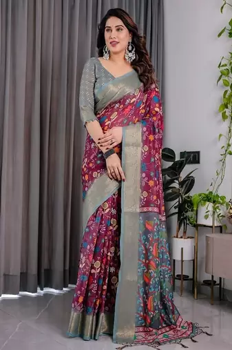 Purple Color digital floral prints And Zari Woven Work linen Saree