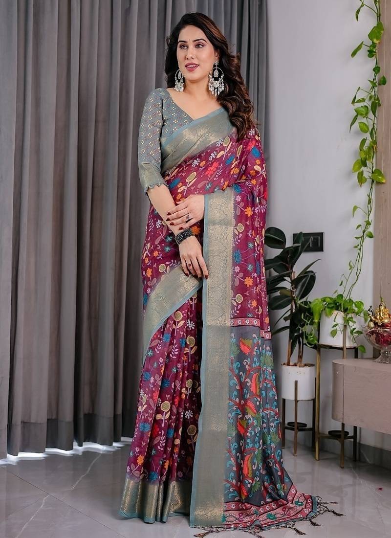 Purple Color digital floral prints And Zari Woven Work linen Saree