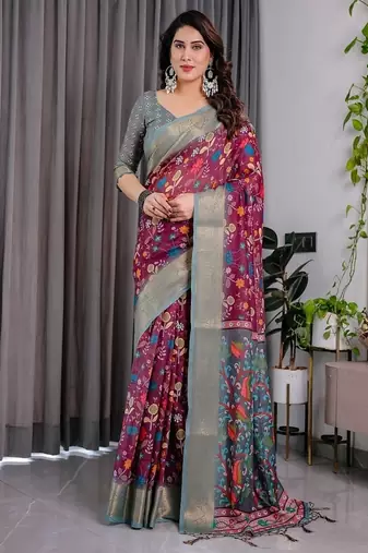 Purple Color digital floral prints And Zari Woven Work linen Saree