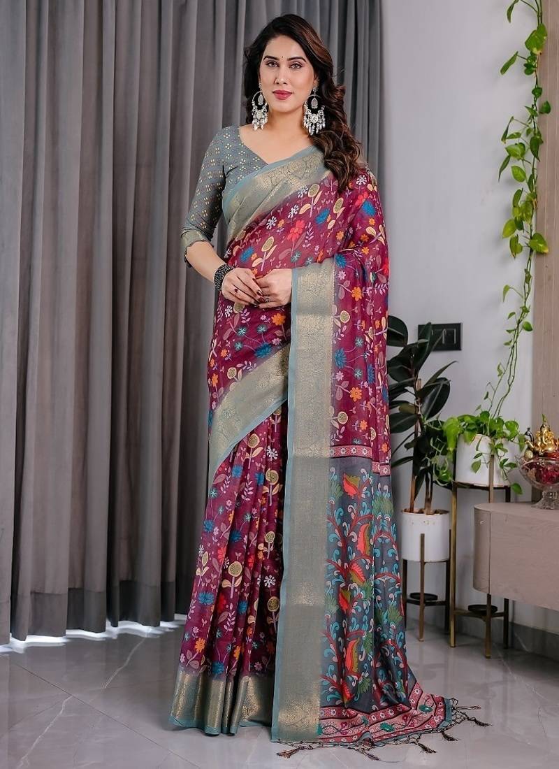 Purple Color digital floral prints And Zari Woven Work linen Saree