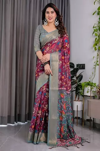 Purple Color digital floral prints And Zari Woven Work linen Saree
