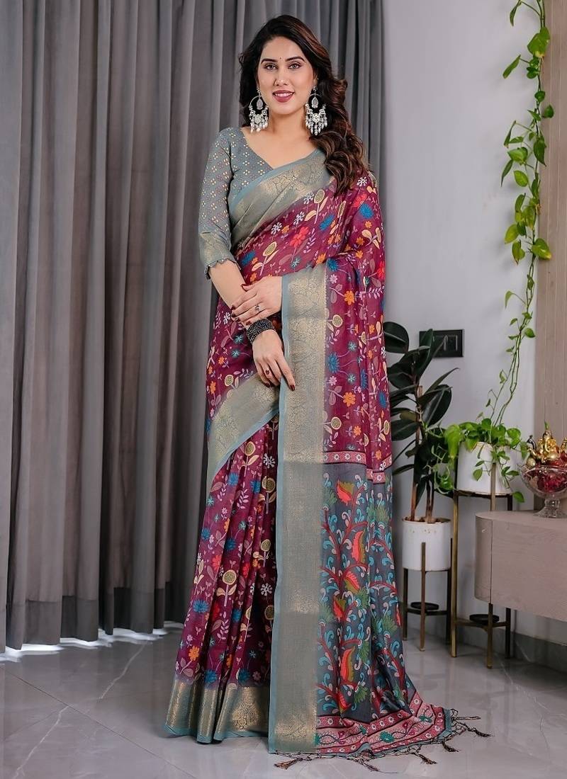 Purple Color digital floral prints And Zari Woven Work linen Saree