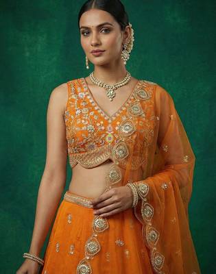 Women's Orange Chinnon Moti with Sequince Embroidered Lehenga Choli with Dupatta 2