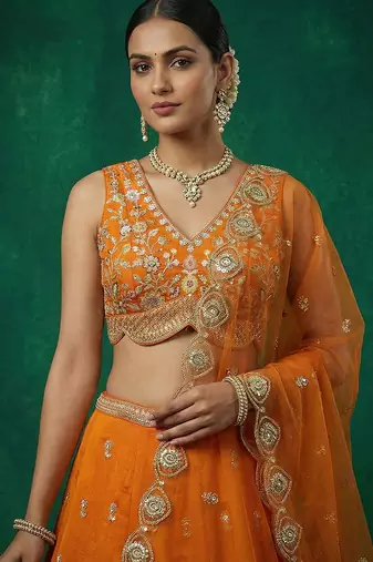 Women's Orange Chinnon Moti with Sequince Embroidered Lehenga Choli with Dupatta