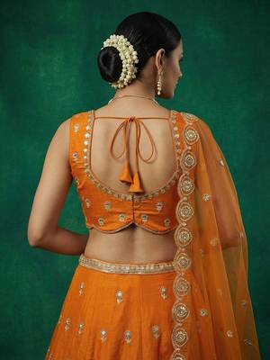 Women's Orange Chinnon Moti with Sequince Embroidered Lehenga Choli with Dupatta 3