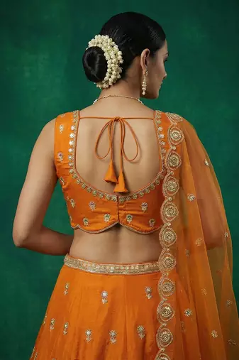 Women's Orange Chinnon Moti with Sequince Embroidered Lehenga Choli with Dupatta