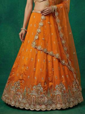 Women's Orange Chinnon Moti with Sequince Embroidered Lehenga Choli with Dupatta 4