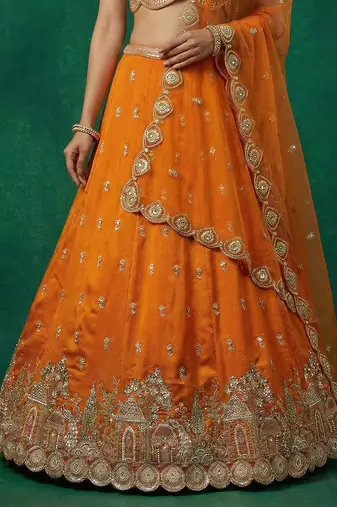 Women's Orange Chinnon Moti with Sequince Embroidered Lehenga Choli with Dupatta