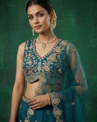Women's Teal Chinnon Moti with Sequince Embroidered Lehenga Choli with Dupatta 2