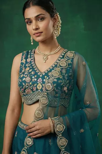 Women's Teal Chinnon Moti with Sequince Embroidered Lehenga Choli with Dupatta