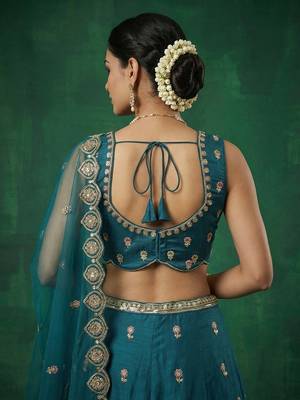 Women's Teal Chinnon Moti with Sequince Embroidered Lehenga Choli with Dupatta 3