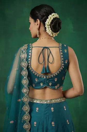 Women's Teal Chinnon Moti with Sequince Embroidered Lehenga Choli with Dupatta
