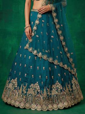 Women's Teal Chinnon Moti with Sequince Embroidered Lehenga Choli with Dupatta 4