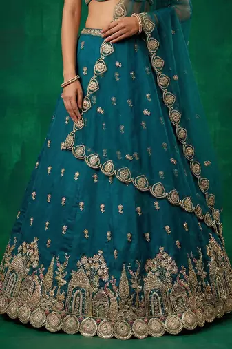 Women's Teal Chinnon Moti with Sequince Embroidered Lehenga Choli with Dupatta