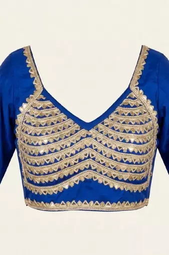 Royal blue silk blend embroidered blouse