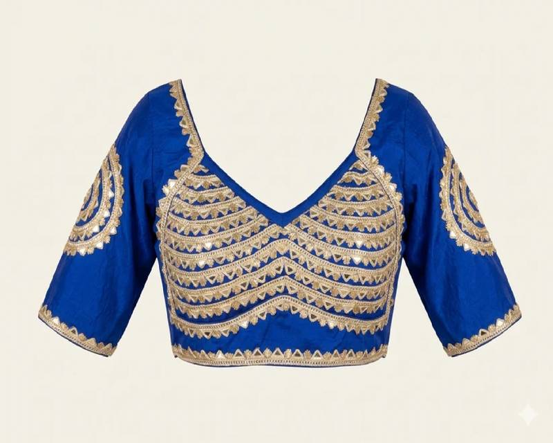 Royal blue silk blend embroidered blouse